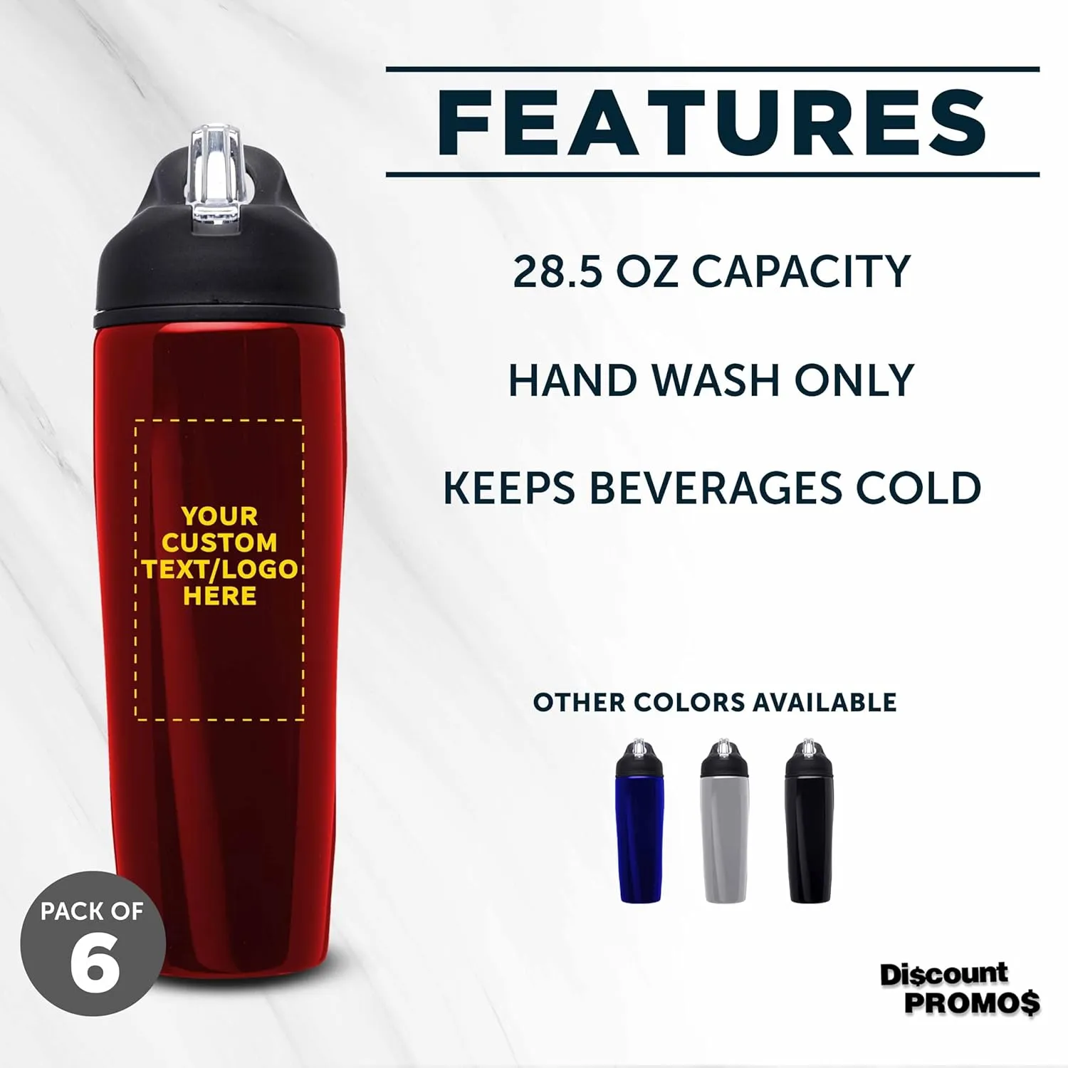 DISCOUNT PROMOS Custom Stainless Steel Water Bottle, 6 pack, Personalized Text, Logo, 28.5 oz Metal Sports Bottles with Flip Top, Easy Carrying, Red