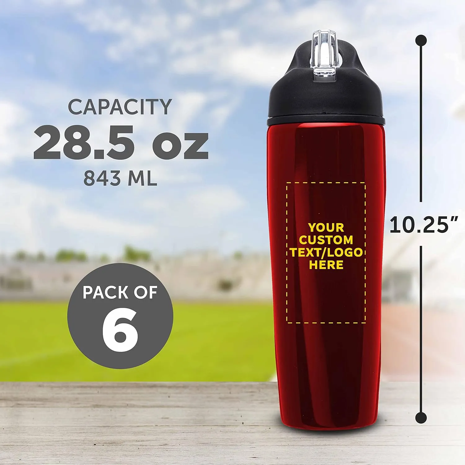 DISCOUNT PROMOS Custom Stainless Steel Water Bottle, 6 pack, Personalized Text, Logo, 28.5 oz Metal Sports Bottles with Flip Top, Easy Carrying, Red