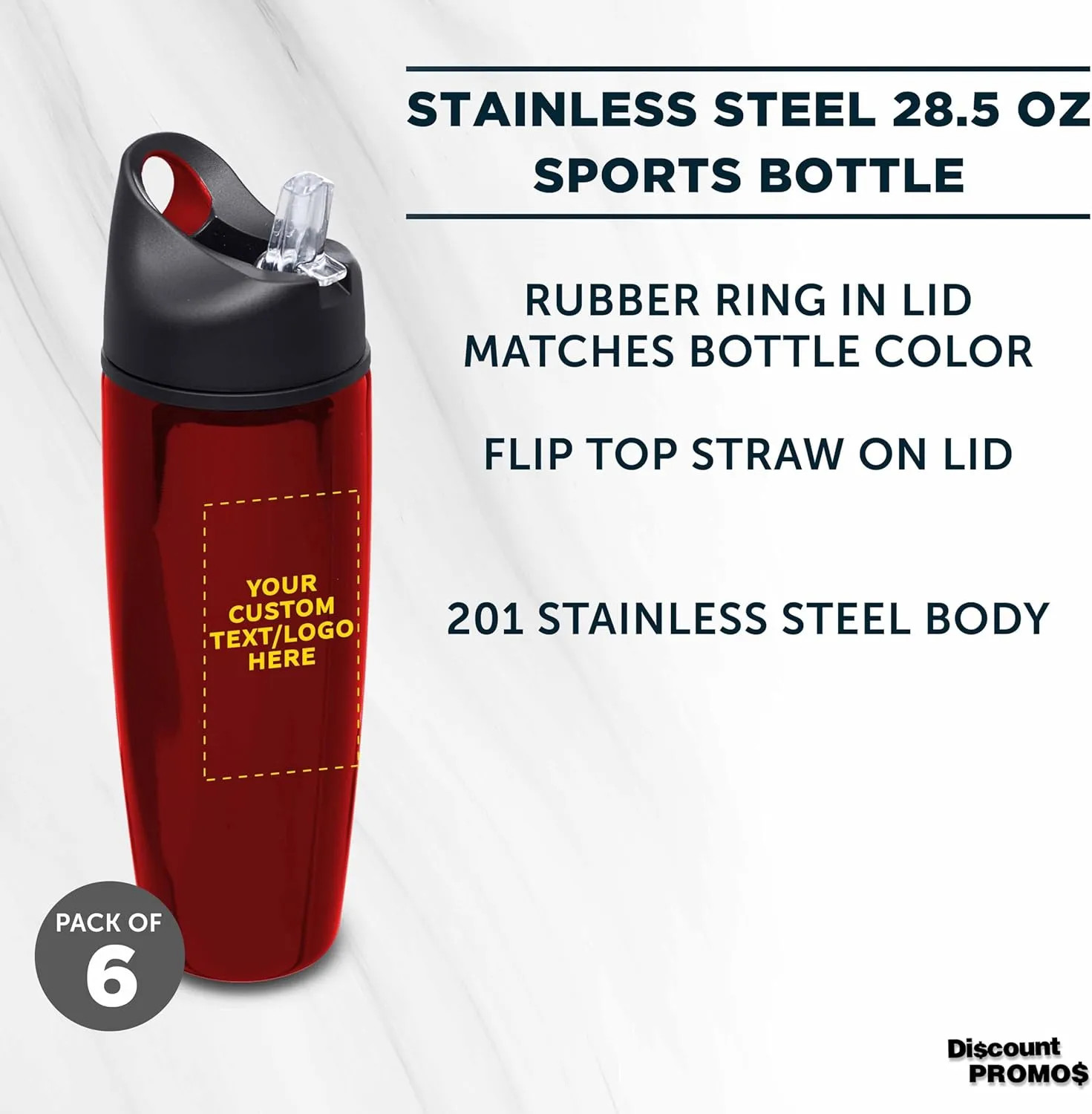 DISCOUNT PROMOS Custom Stainless Steel Water Bottle, 6 pack, Personalized Text, Logo, 28.5 oz Metal Sports Bottles with Flip Top, Easy Carrying, Red