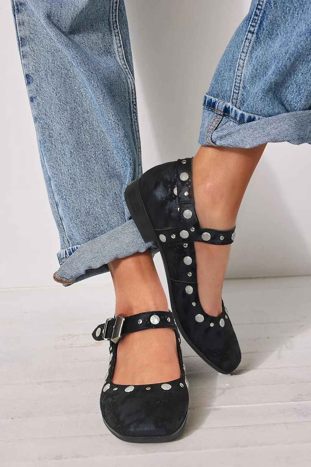 DOEYG Studded Mary Janes Ballet Flats Shoes for Women Square Toe Mary Jane Shoes Dressy Casual Ballerina Shoes with Buckle Strap