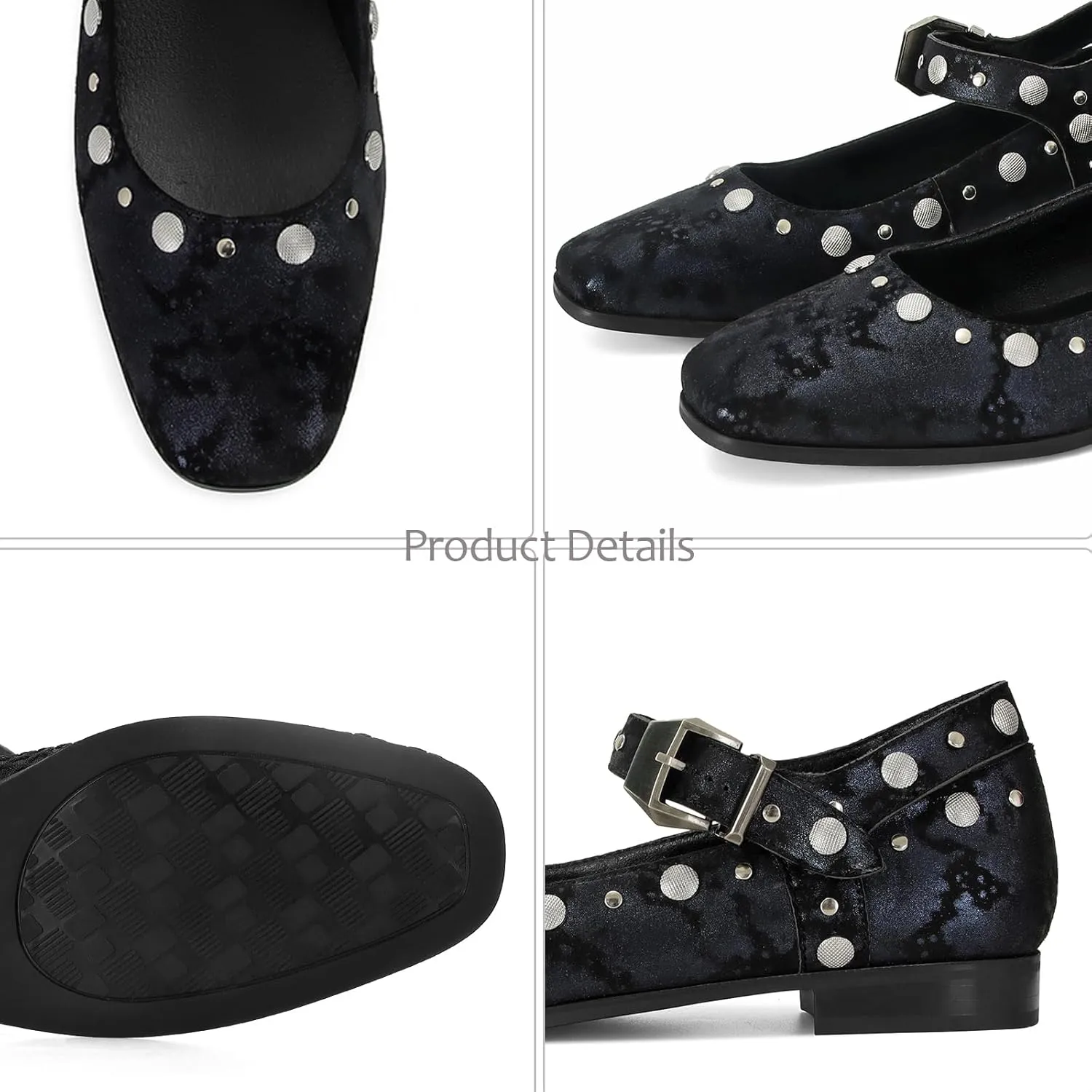 DOEYG Studded Mary Janes Ballet Flats Shoes for Women Square Toe Mary Jane Shoes Dressy Casual Ballerina Shoes with Buckle Strap