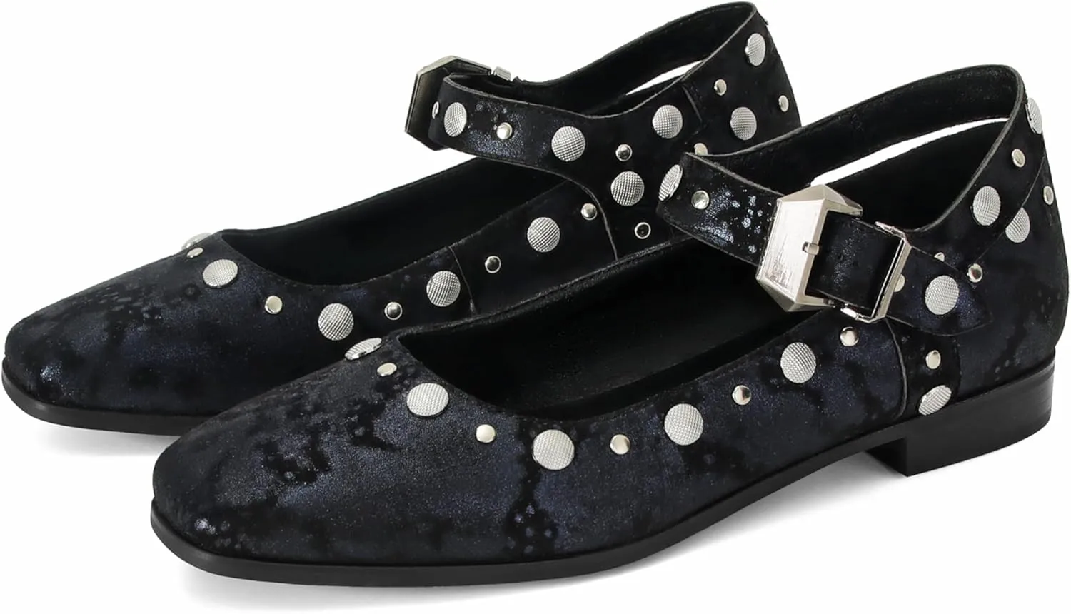 DOEYG Studded Mary Janes Ballet Flats Shoes for Women Square Toe Mary Jane Shoes Dressy Casual Ballerina Shoes with Buckle Strap