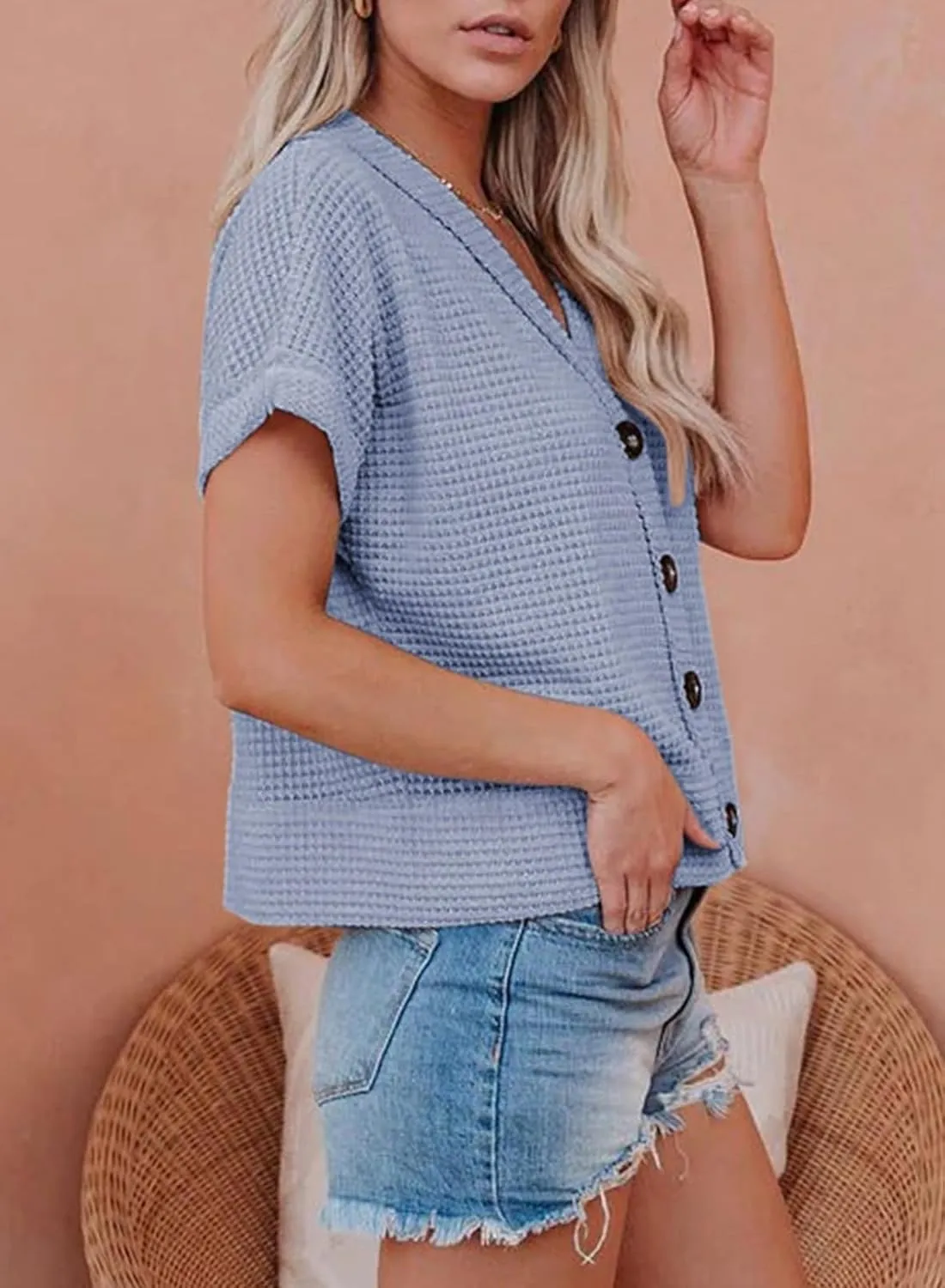 Dokotoo Womens Summer Tops 2025 Waffle Knit Button Down Shirts Casual V Neck Short Sleeve Shacket Jacket Dressy Blouses