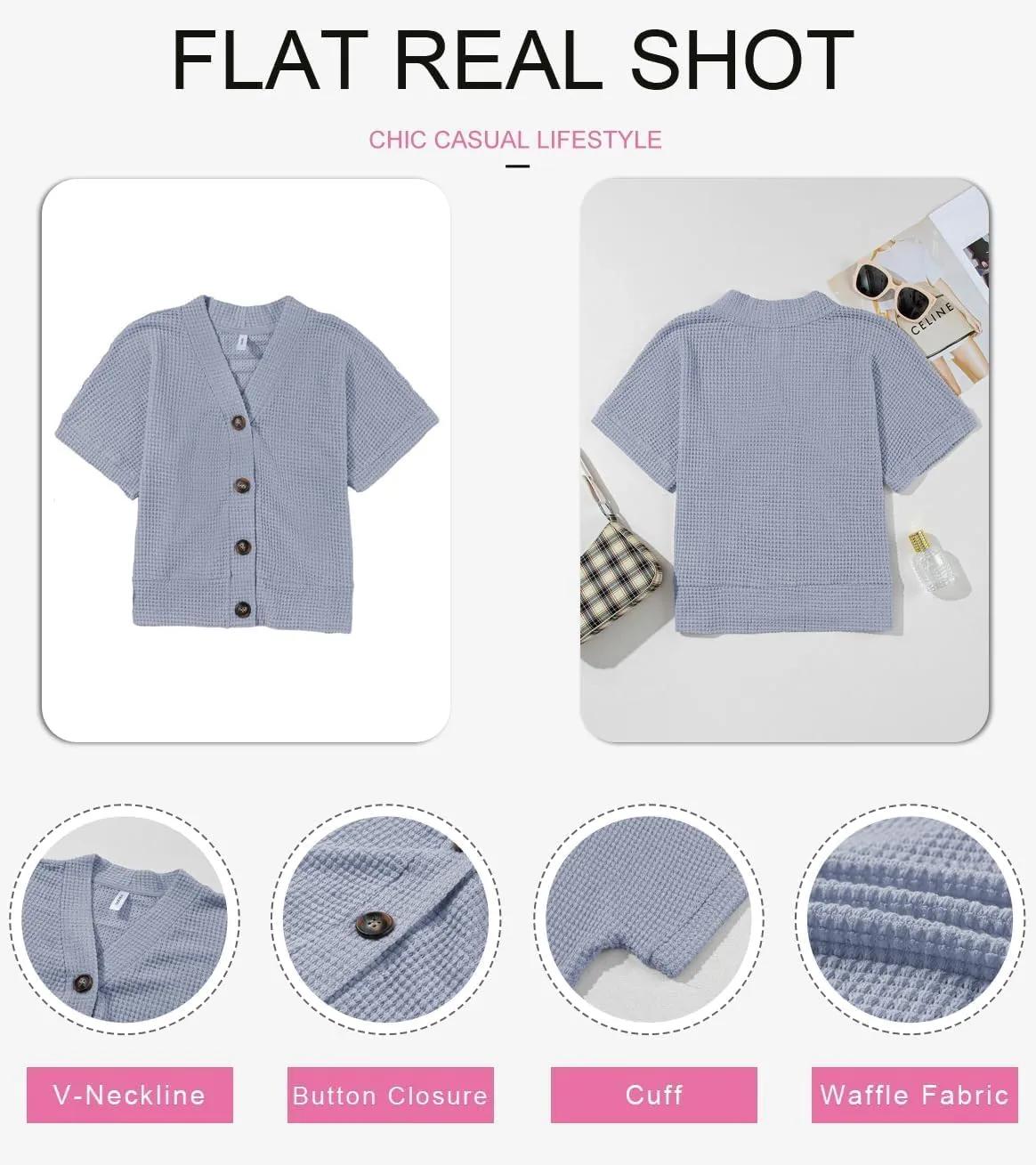 Dokotoo Womens Summer Tops 2025 Waffle Knit Button Down Shirts Casual V Neck Short Sleeve Shacket Jacket Dressy Blouses