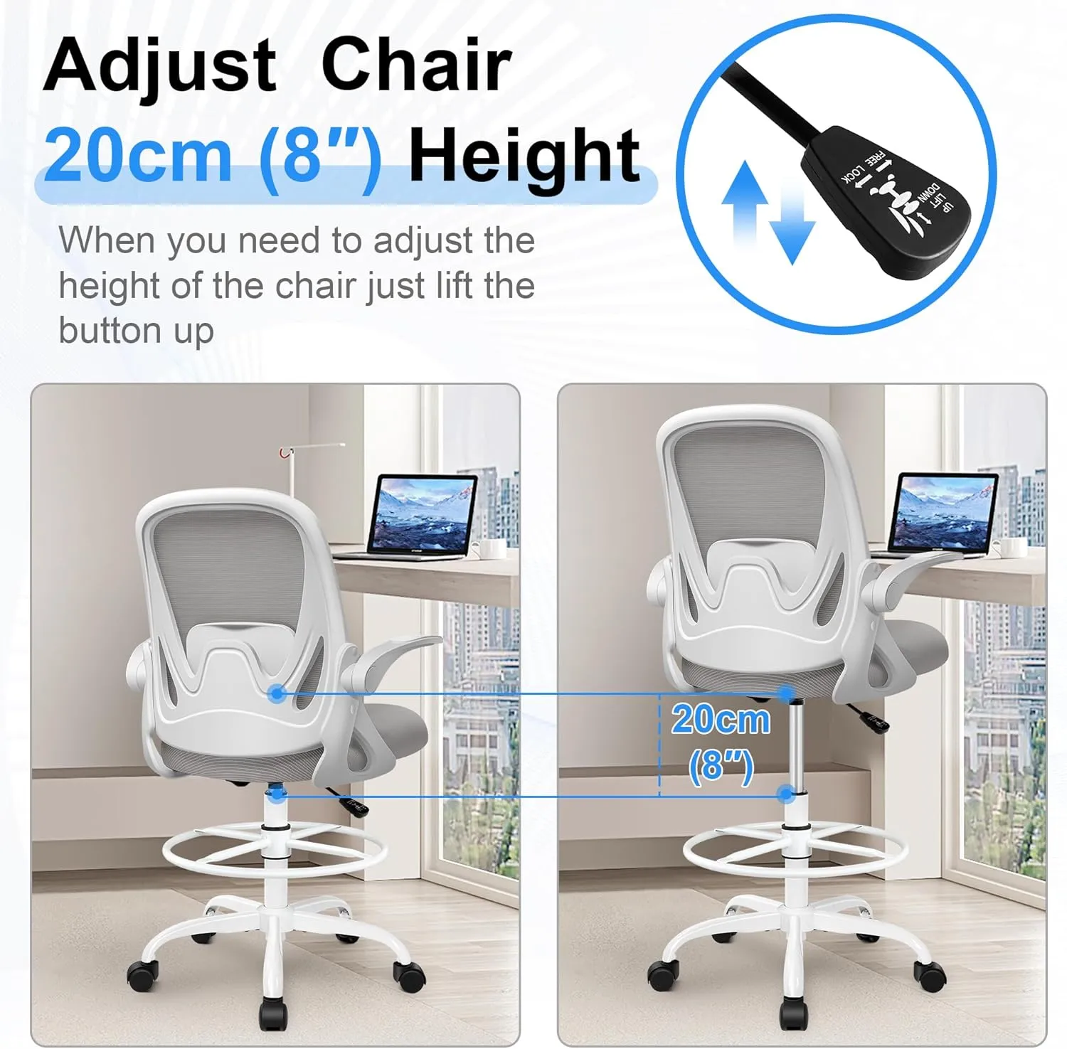 Drafting Chair Tall Office Chair with Flip-up Armrests, Adjustable Height, and Enhanced Lumbar Support - Ergonomic Rolling Stool, Back Support, and Adjustable Foot Rest Ring for Standing Desk Gray