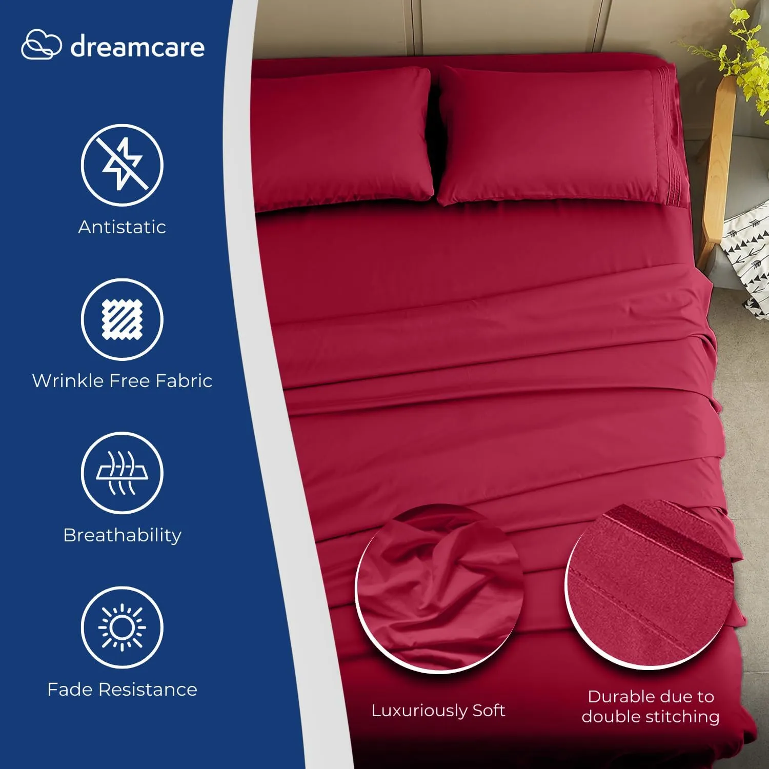 DREAMCARE Twin XL Sheet Set - Cooling Bed Sheets - 4pc Set - up to 15" Deep Pocket Twin XL Sheets - Soft & Long Lasting 100% Fine Brushed Polyester with Side Pocket - Burgundy