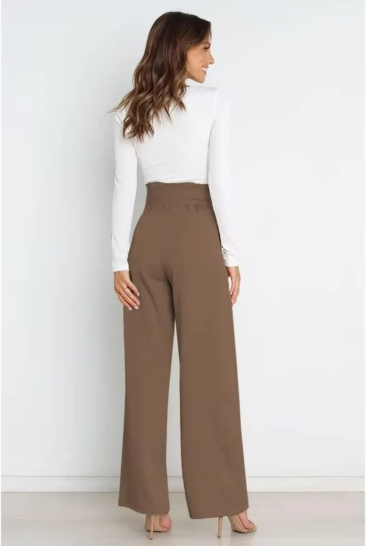Dress Pants Women,Wide Leg Pants for Women,Smocked Waist Pants with Belt,Loose Straight Leg Flatting Pants