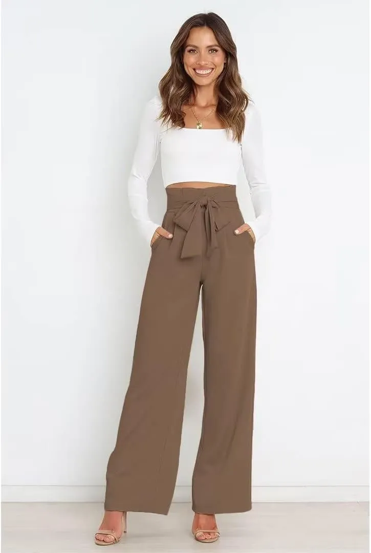 Dress Pants Women,Wide Leg Pants for Women,Smocked Waist Pants with Belt,Loose Straight Leg Flatting Pants