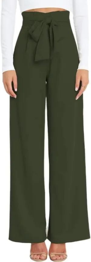 Dress Pants Women,Wide Leg Pants for Women,Smocked Waist Pants with Belt,Loose Straight Leg Flatting Pants