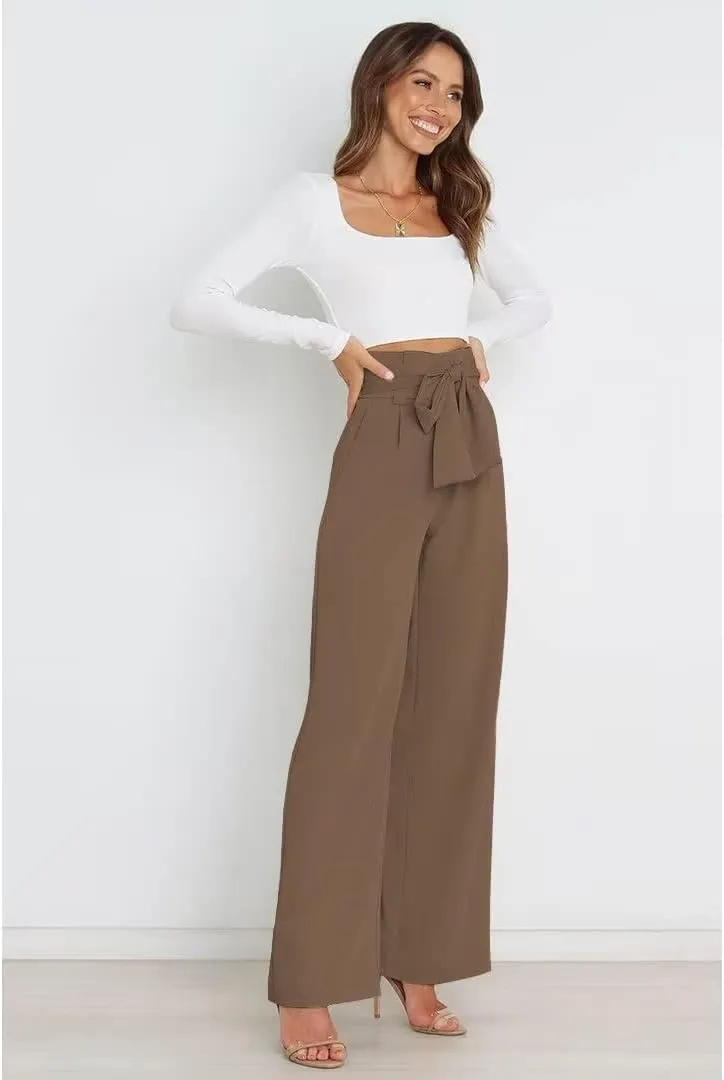 Dress Pants Women,Wide Leg Pants for Women,Smocked Waist Pants with Belt,Loose Straight Leg Flatting Pants