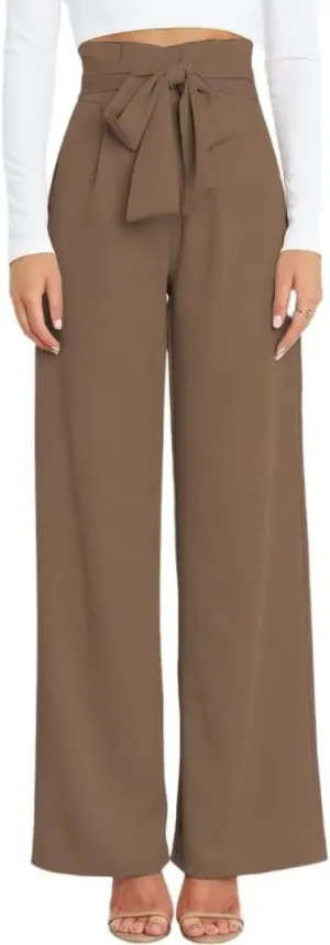 Dress Pants Women,Wide Leg Pants for Women,Smocked Waist Pants with Belt,Loose Straight Leg Flatting Pants