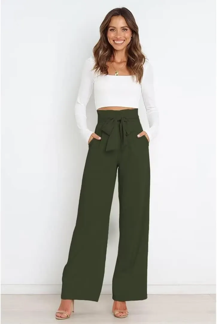 Dress Pants Women,Wide Leg Pants for Women,Smocked Waist Pants with Belt,Loose Straight Leg Flatting Pants