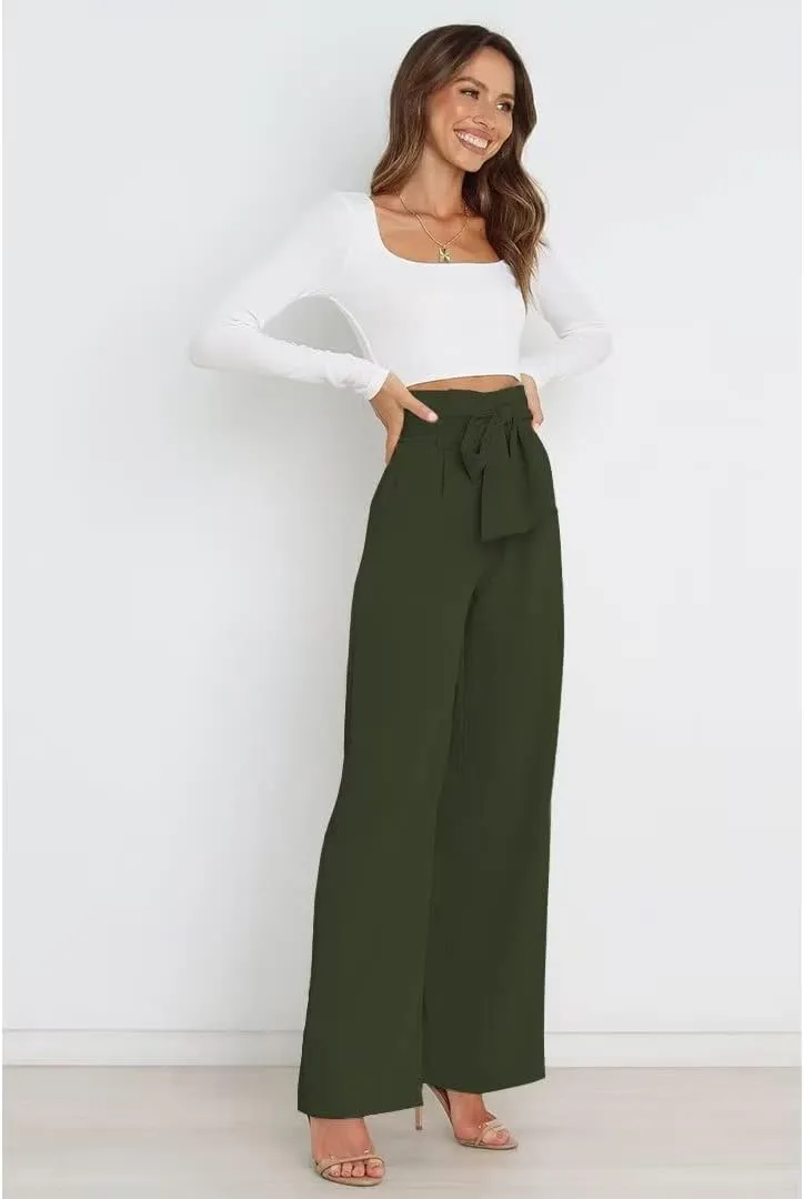 Dress Pants Women,Wide Leg Pants for Women,Smocked Waist Pants with Belt,Loose Straight Leg Flatting Pants