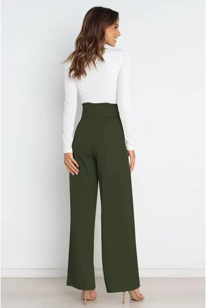 Dress Pants Women,Wide Leg Pants for Women,Smocked Waist Pants with Belt,Loose Straight Leg Flatting Pants