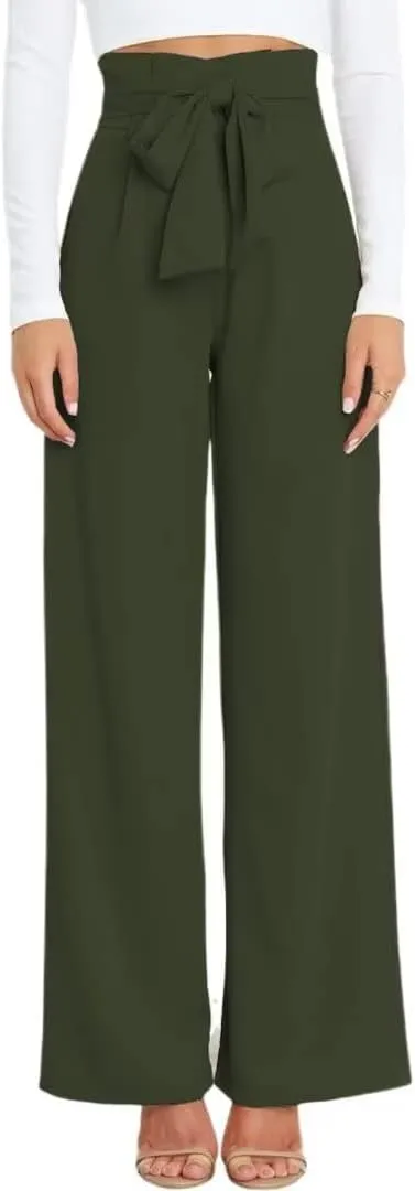Dress Pants Women,Wide Leg Pants for Women,Smocked Waist Pants with Belt,Loose Straight Leg Flatting Pants