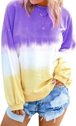 Dresswel Women's Oversized Crew Neck Tie Dye Sweatshirts with No Hood Plus Size Casual Color Block Long Sleeve Pullover Tops