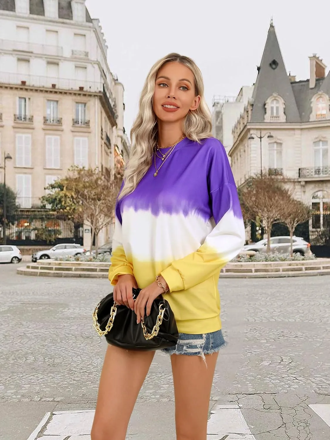 Dresswel Women's Oversized Crew Neck Tie Dye Sweatshirts with No Hood Plus Size Casual Color Block Long Sleeve Pullover Tops