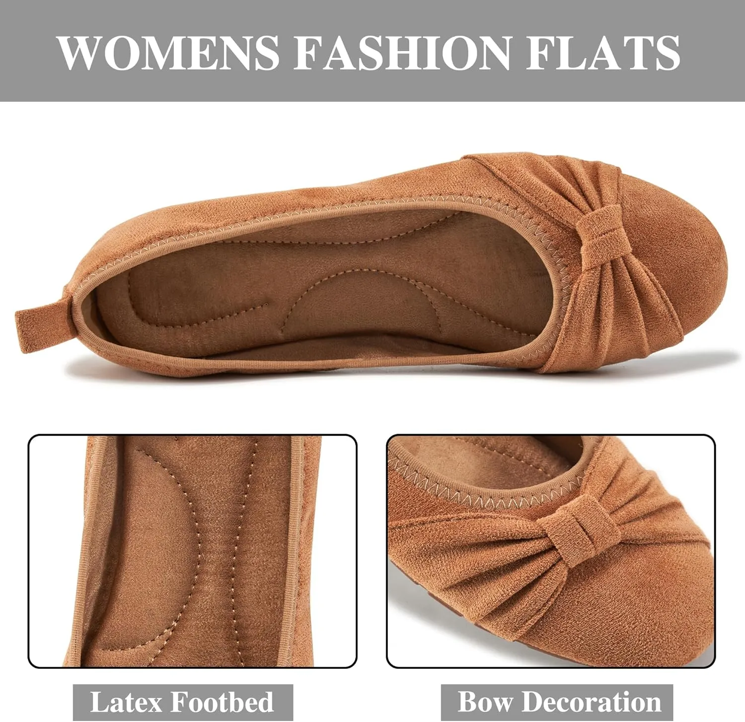 Ecetana Womens Flats Shoes Dressy: Round Toe Bowknot Suede Foldable Comfortable Casual Slip On Ballet Loafers