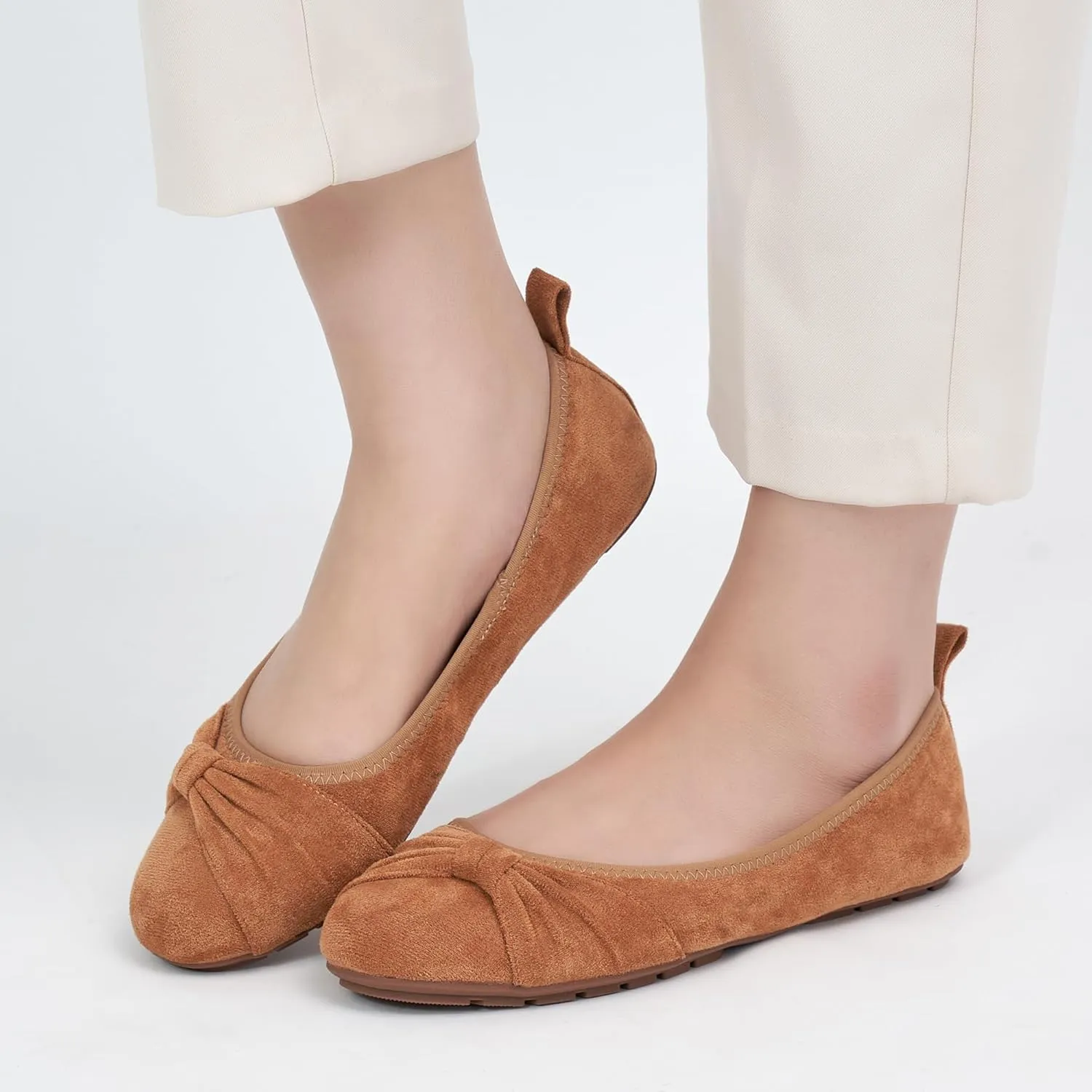 Ecetana Womens Flats Shoes Dressy: Round Toe Bowknot Suede Foldable Comfortable Casual Slip On Ballet Loafers