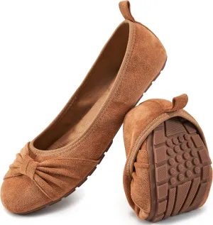 Ecetana Womens Flats Shoes Dressy: Round Toe Bowknot Suede Foldable Comfortable Casual Slip On Ballet Loafers