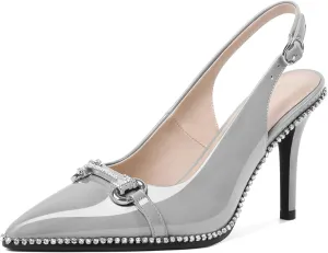 Eldof Women Slingbacks High Heel Pumps Closed Pointed Toe Beaded Rhinestone Slip On Stilettos Dress Pumps Shoes 3.5 Inches