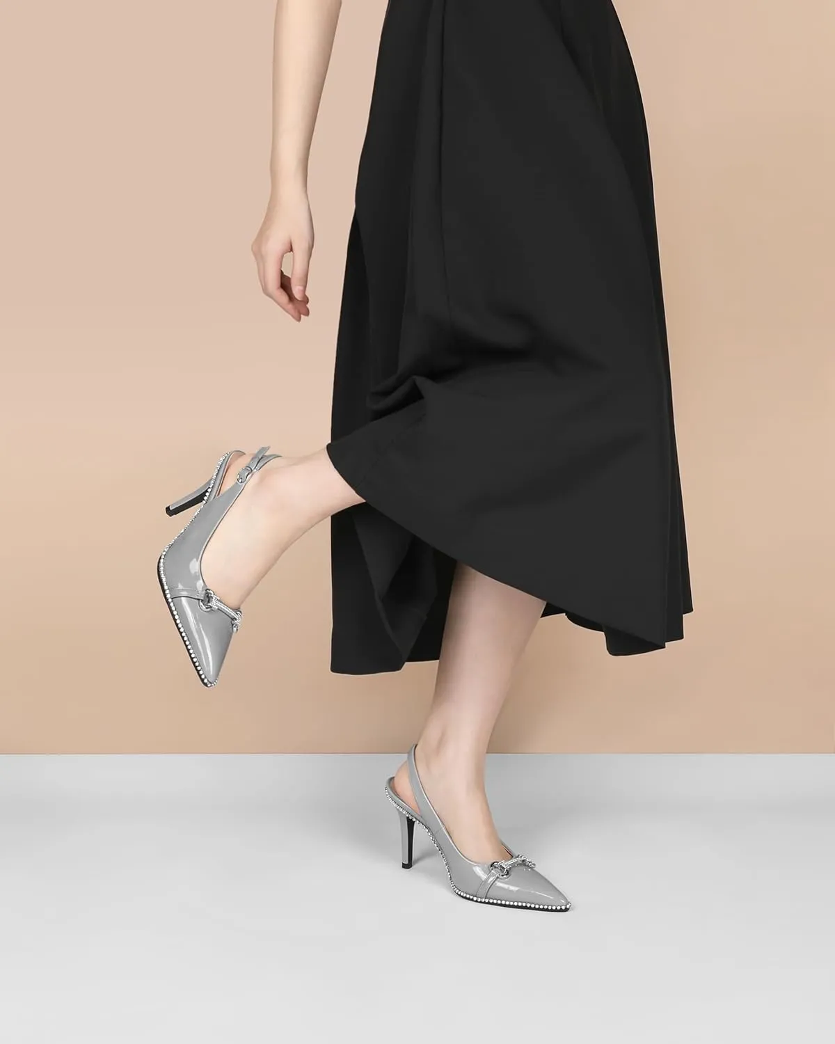 Eldof Women Slingbacks High Heel Pumps Closed Pointed Toe Beaded Rhinestone Slip On Stilettos Dress Pumps Shoes 3.5 Inches