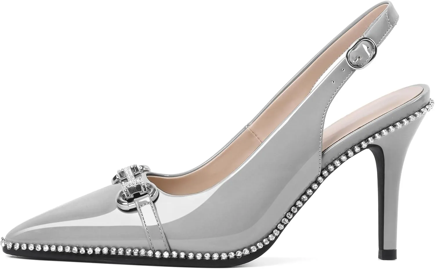 Eldof Women Slingbacks High Heel Pumps Closed Pointed Toe Beaded Rhinestone Slip On Stilettos Dress Pumps Shoes 3.5 Inches