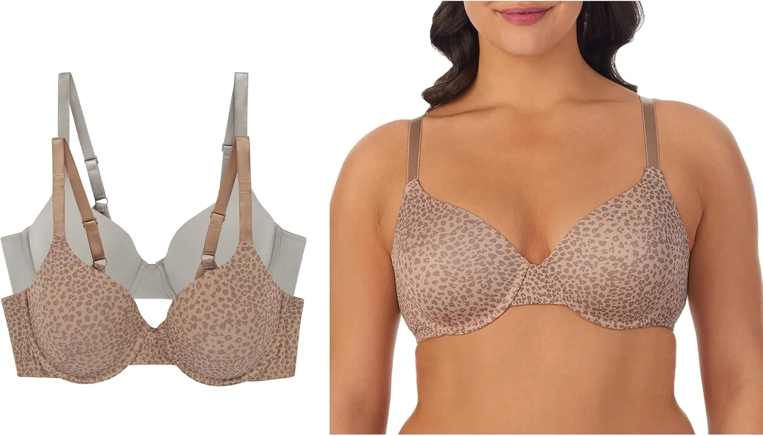 ELLEN TRACY Everyday T-Shirt Bra with Underwire - Adjustable Straps - 2-Pack Multipack - 36D Latte Cheetah/Medium Grey