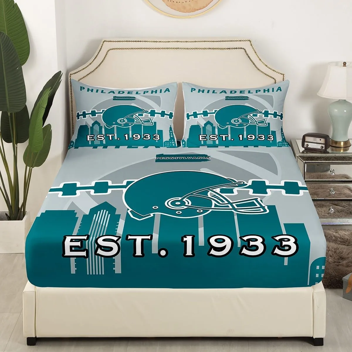 Erosebridal Sports Fitted Sheet for Boys,Football Bed Sheets Twin Size,American Football Players Bed Set,Sports Ball Game Bedding Set with 1 Pillowcase Deep Pockets(Philadelphia)