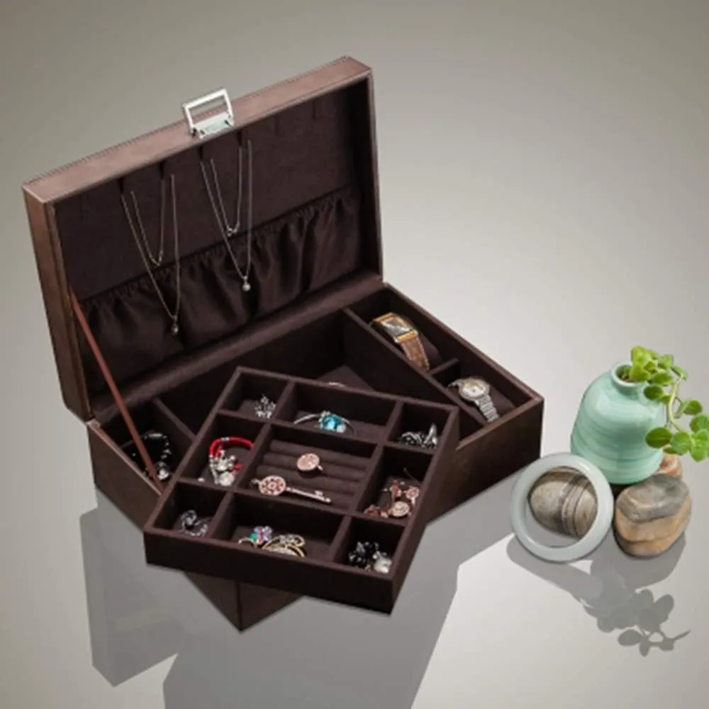 European-Style Artificial Leather Double-Layer Jewelry Box, Jewelry Bracelet Storage Collection Box, flip-top Jewelry Packaging Box, Artificial Leather Material, Essential Storage Box for Dressing c