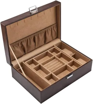 European-Style Artificial Leather Double-Layer Jewelry Box, Jewelry Bracelet Storage Collection Box, flip-top Jewelry Packaging Box, Artificial Leather Material, Essential Storage Box for Dressing c