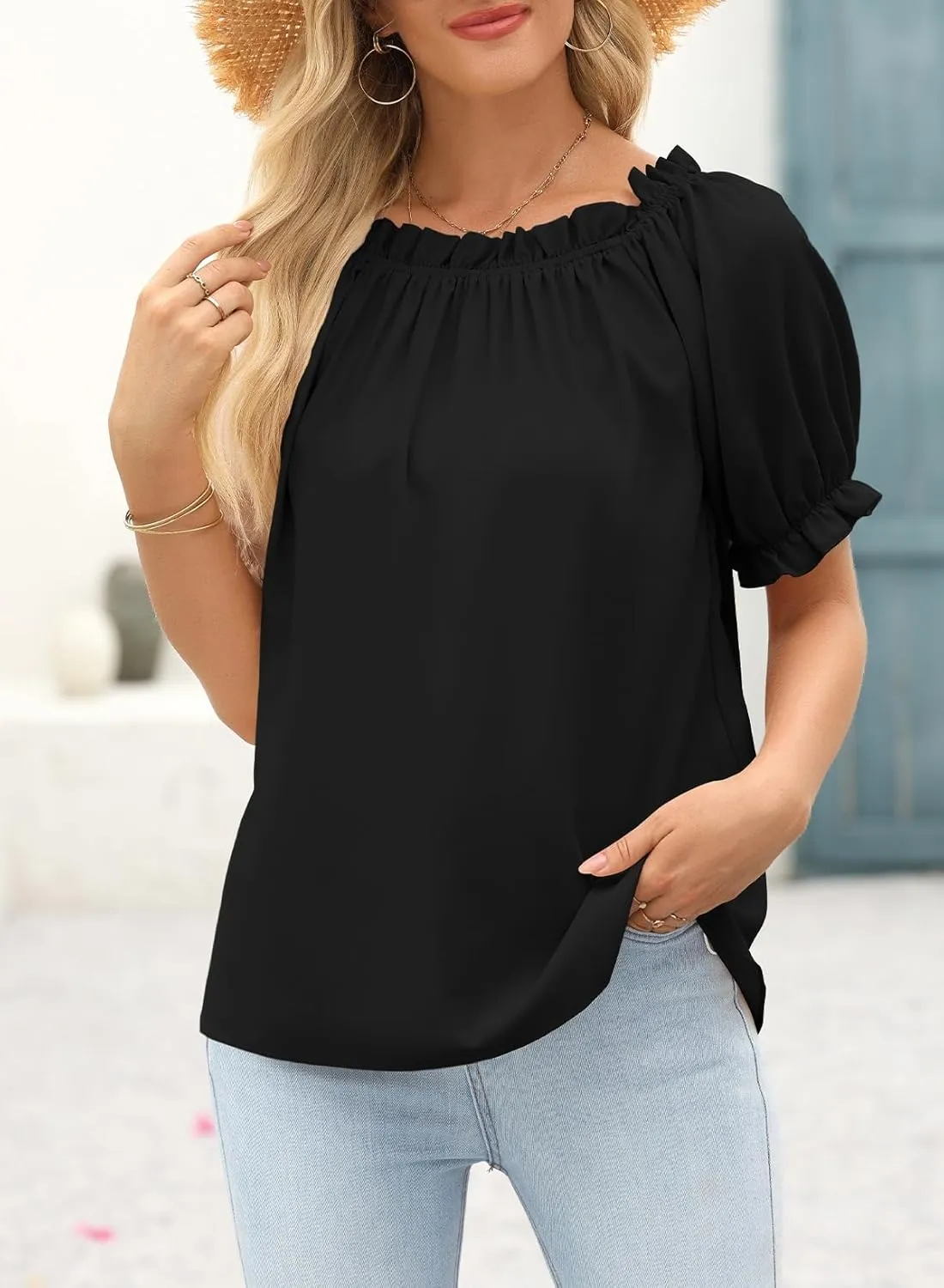 EVALESS Womens Tops Off The Shoulder Blouses for Women Dressy Casual Cute Puff Sleeve T Shirts Fashion 2025