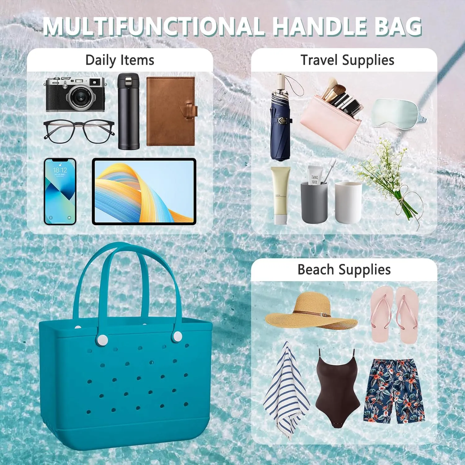 Extra Large Rubber Tote Bag for Women & Men, Waterproof Lightweight Travel X-Large Beach Bag for Boat & Pool