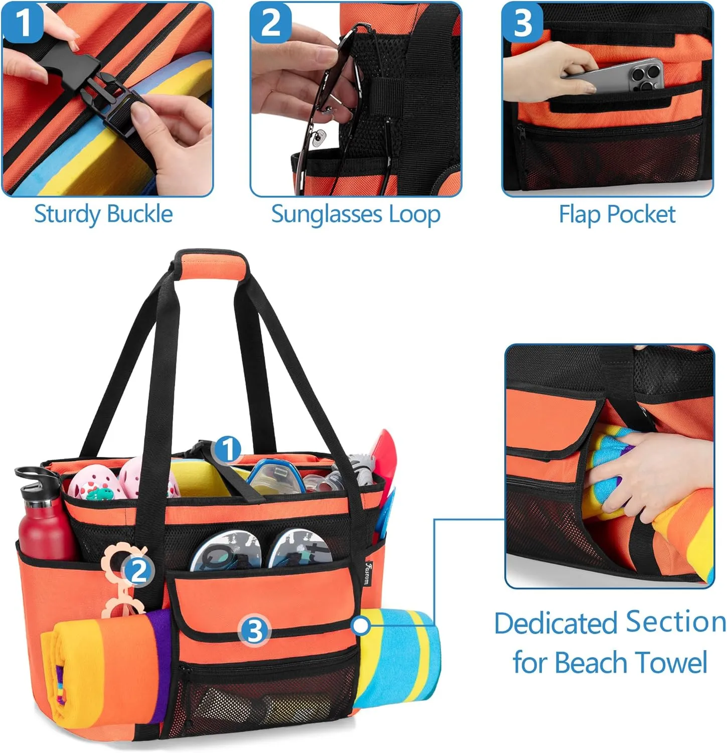 Fasrom XL Beach Tote Bag with Cooler Compartment, Large Mesh Beach Pool Bag with Wet & Dry Separation for Swim, Travel