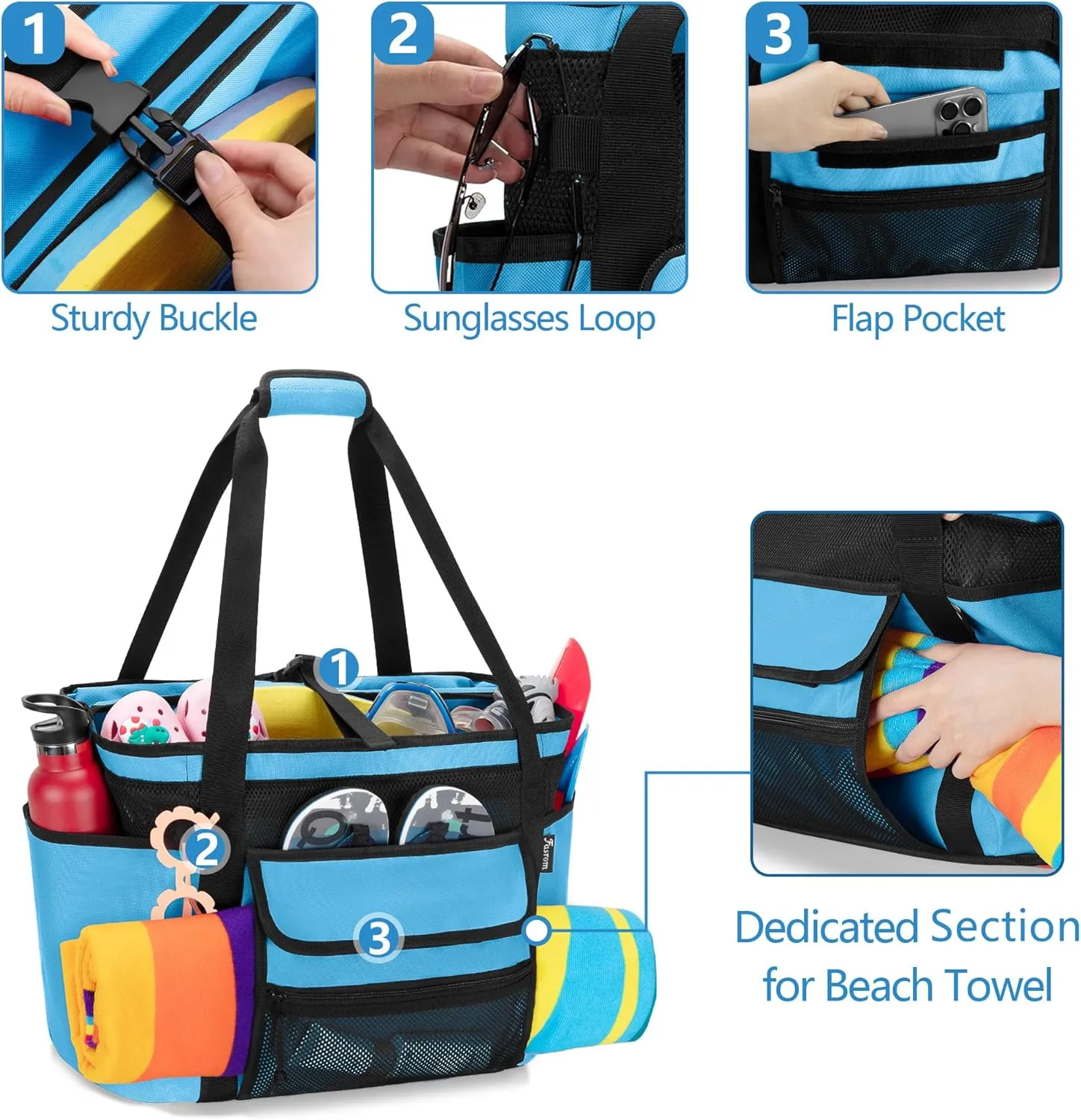 Fasrom XL Beach Tote Bag with Cooler Compartment, Large Mesh Beach Pool Bag with Wet & Dry Separation for Swim, Travel