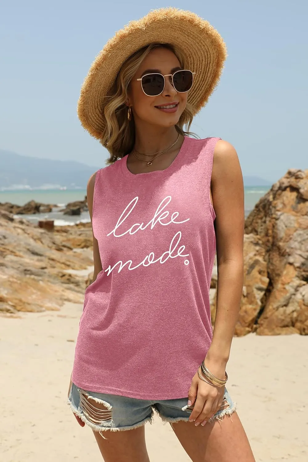 FAYALEQ Lake Mode Tank Tops Women Lake Life Summer Vacation Funny Vest Tees Camping Casual Tanks Tops T-Shirt