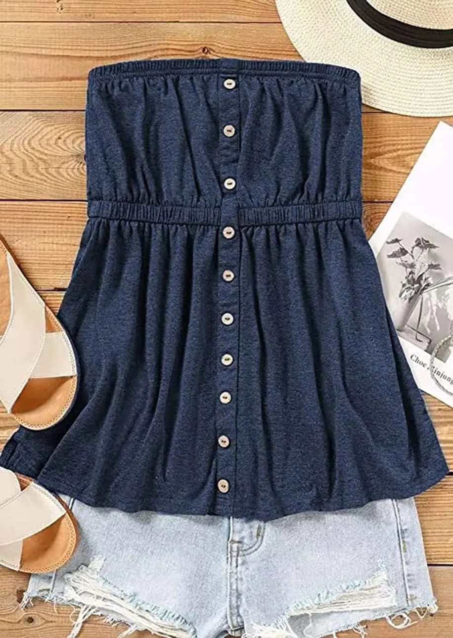 FECAFO Button Strapless Bandeau Tank Women Sleeveless Backless Tube Tops Pleated Summer Casual Holiday Tanks Shirt Blouse