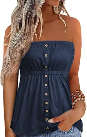 FECAFO Button Strapless Bandeau Tank Women Sleeveless Backless Tube Tops Pleated Summer Casual Holiday Tanks Shirt Blouse