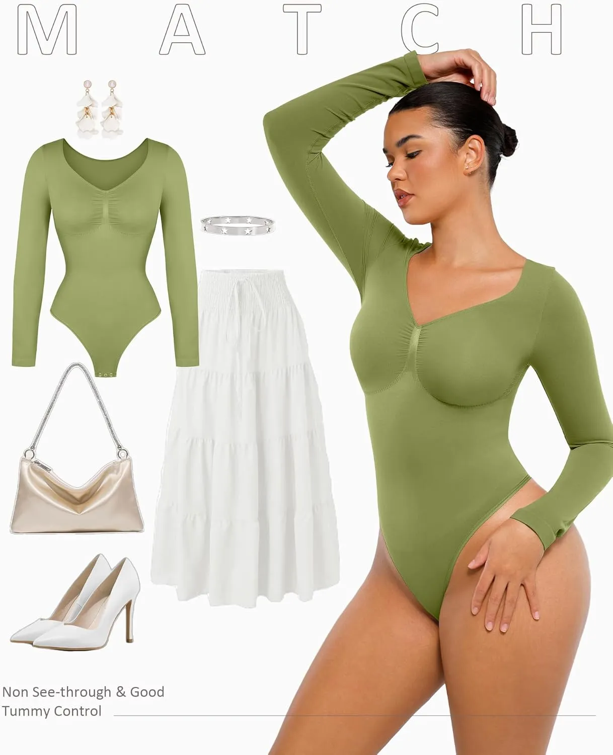 FeelinGirl Women's Long Sleeve Bodysuit for Tummy Control Seamless Body Suits Thong V Neck Going Out Tops