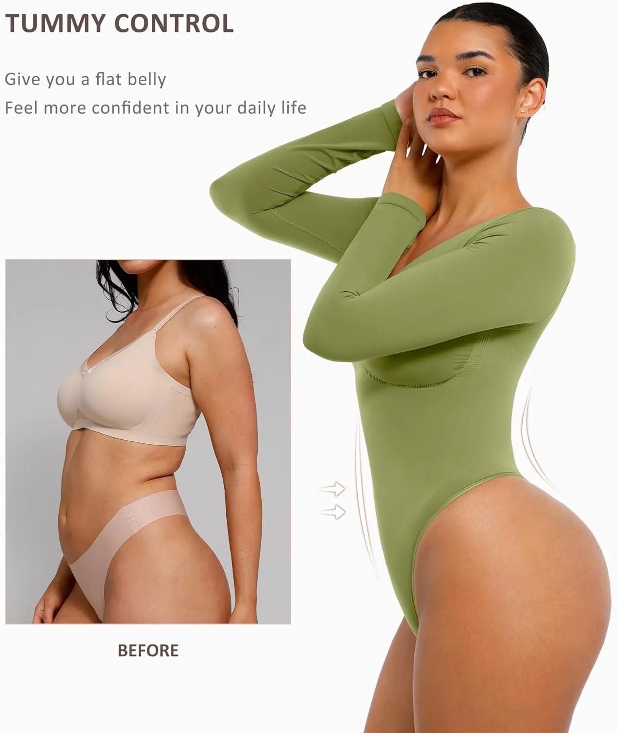 FeelinGirl Women's Long Sleeve Bodysuit for Tummy Control Seamless Body Suits Thong V Neck Going Out Tops
