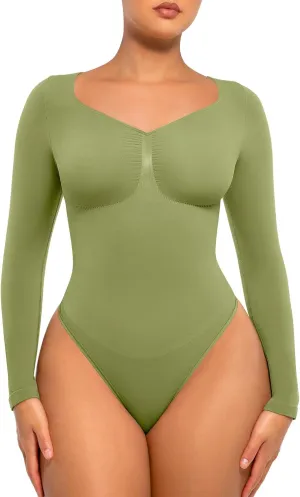 FeelinGirl Women's Long Sleeve Bodysuit for Tummy Control Seamless Body Suits Thong V Neck Going Out Tops