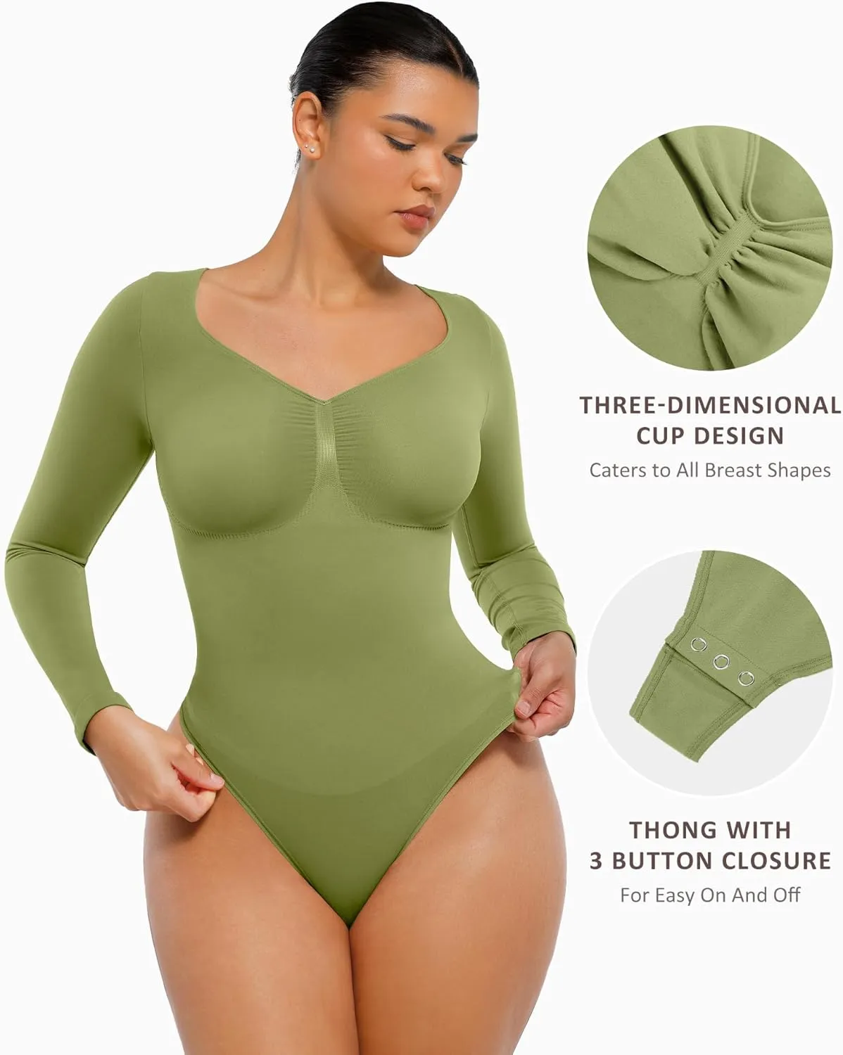FeelinGirl Women's Long Sleeve Bodysuit for Tummy Control Seamless Body Suits Thong V Neck Going Out Tops