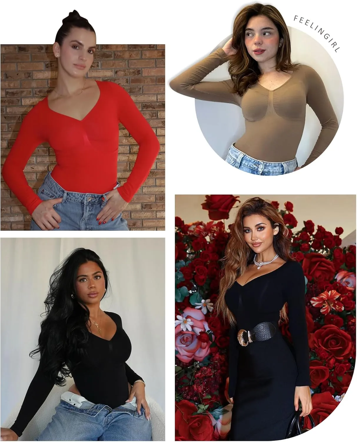 FeelinGirl Women's Long Sleeve Bodysuit for Tummy Control Seamless Body Suits Thong V Neck Going Out Tops