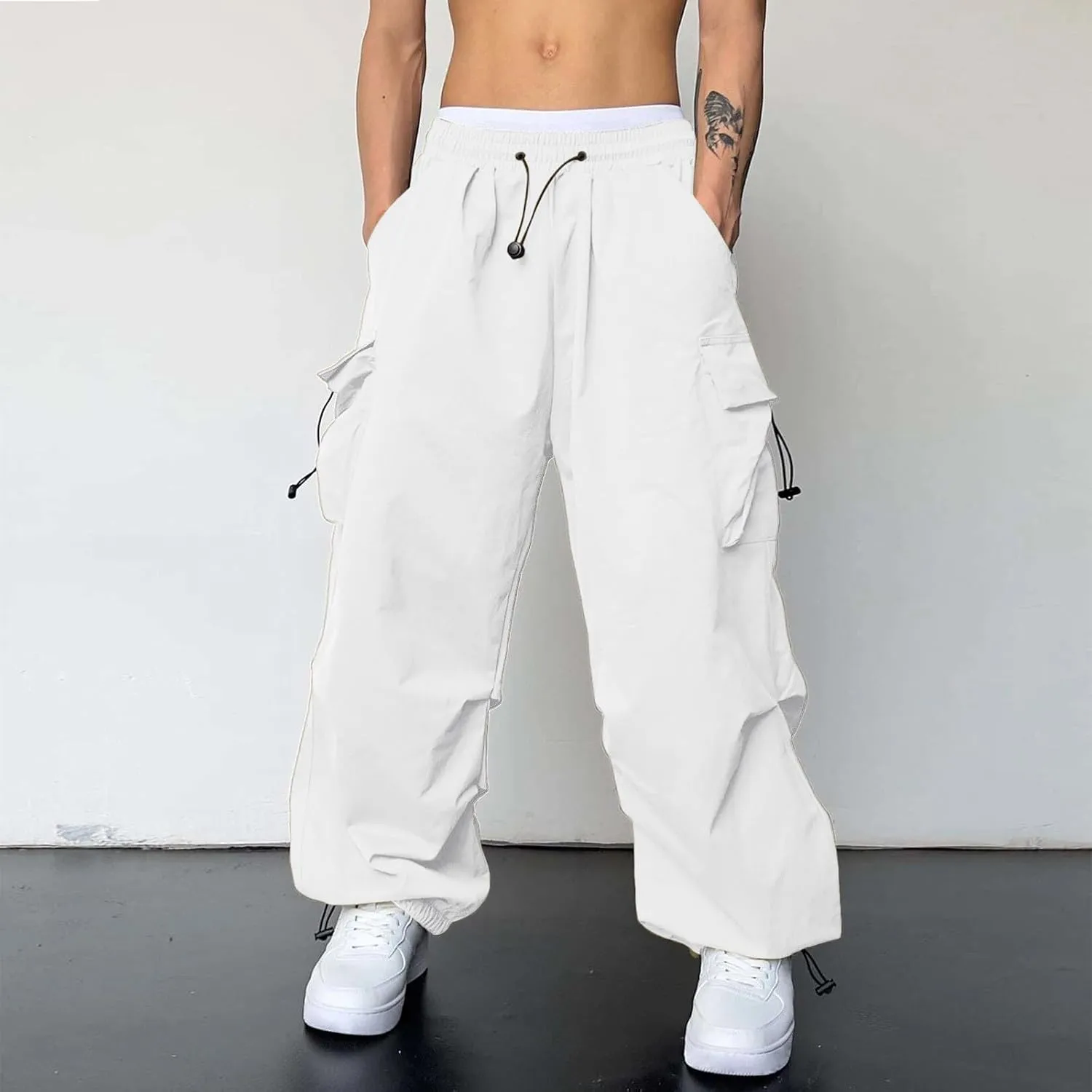 Flat Pocket Parachute Pants for Men Casual Baggy Cargo Pants Unisex Street Pants Drawstring Trousers