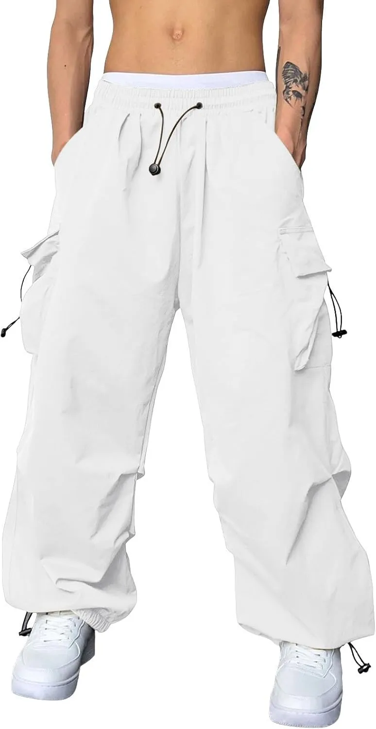 Flat Pocket Parachute Pants for Men Casual Baggy Cargo Pants Unisex Street Pants Drawstring Trousers