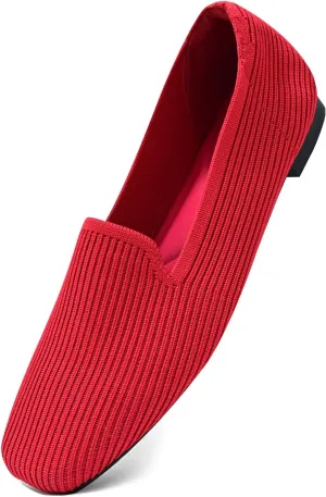 Flat Shoes for Women with Mesh Knitted Square Toe Ballet Flats Soft Slip On Walking Shoes Comfortable Office Shoes