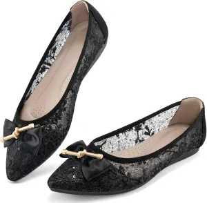 Flats for Women Ballets Shoes: Comfortable Pointed Toe Bowknot Lace Womens Flats Dressy - Fashion Floral Slip On Casual Shoes for Wedding Party Dating