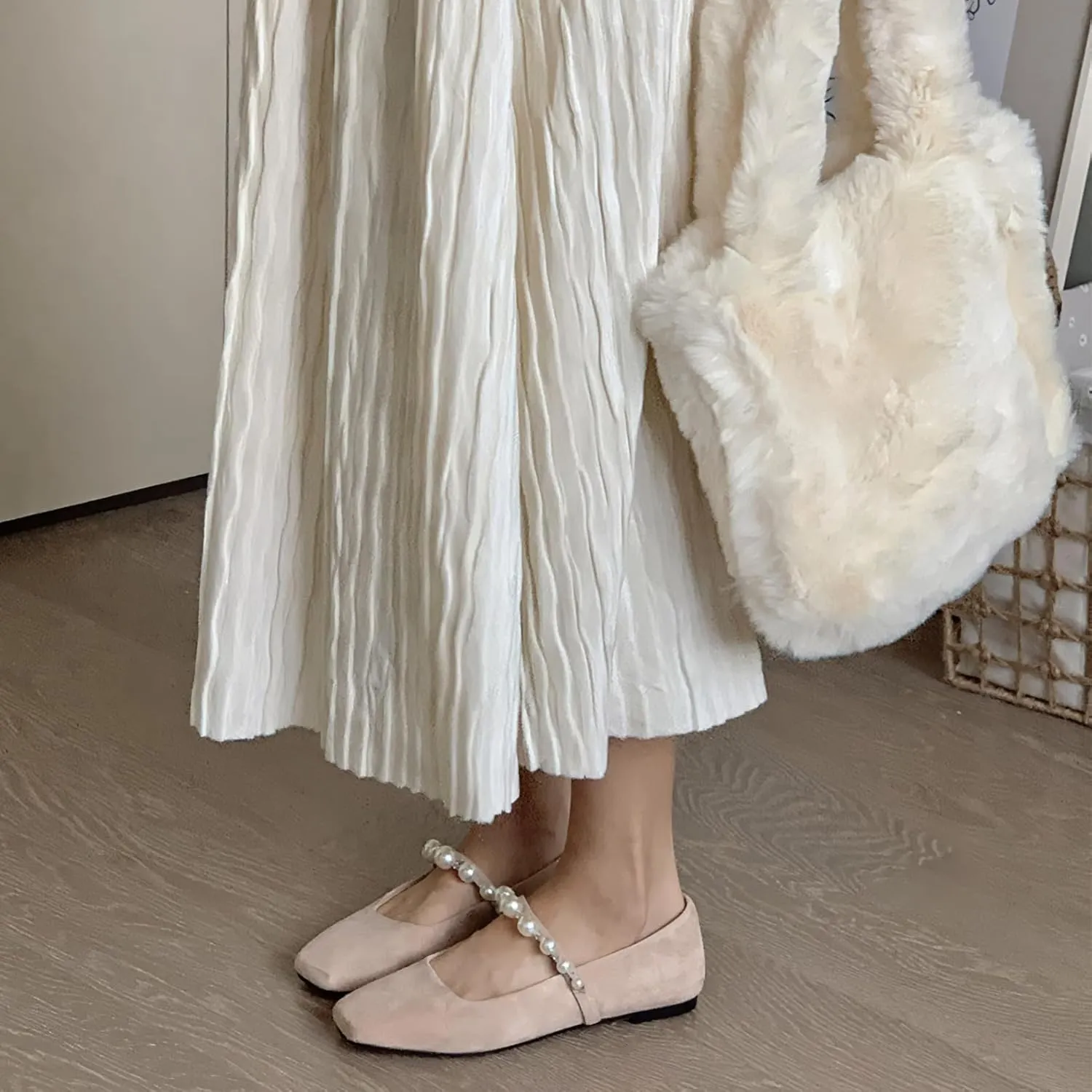 Flats for Women, Black Square Toe Mary Jane Ballet Flats with Pearl Strap, Comfortable Slip On for Wedding, Bride, Party