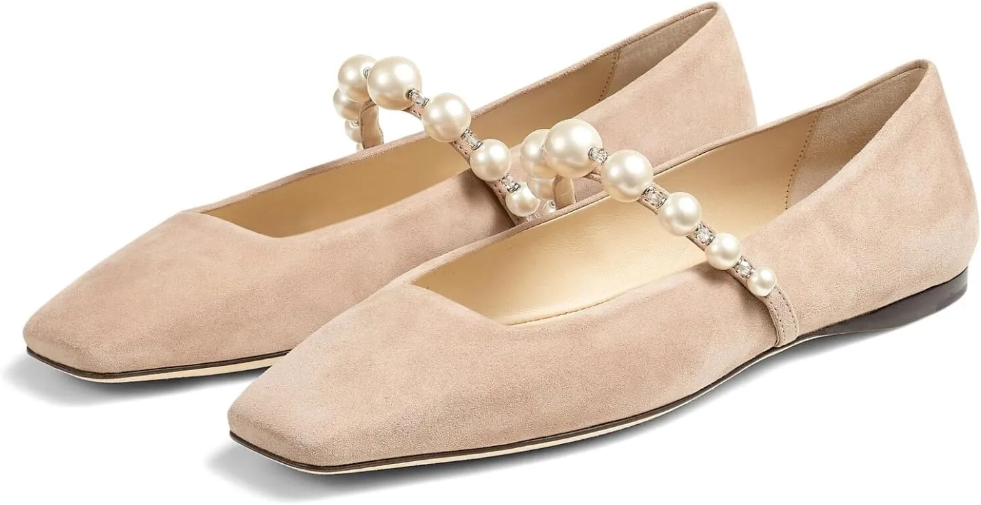 Flats for Women, Black Square Toe Mary Jane Ballet Flats with Pearl Strap, Comfortable Slip On for Wedding, Bride, Party