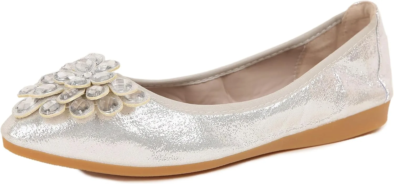 Flats Shoes for Women Rhinestone Wedding Ballerina Shoes Foldable Sparkly Comfort Slip on Flat Dressy Flats